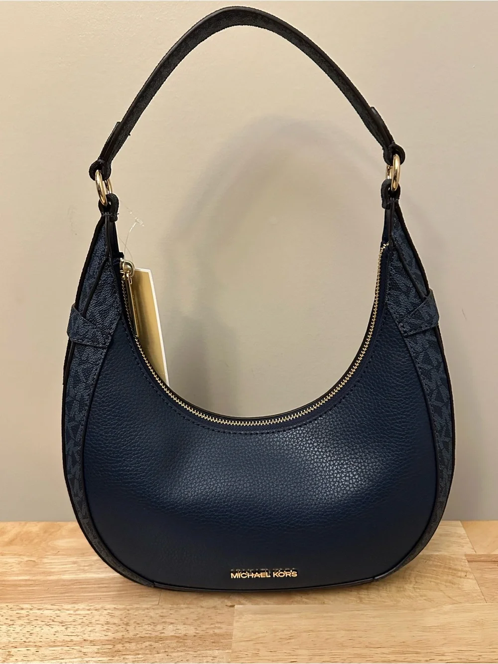 Michael Kors Navy Pebbled Leather Hobo with Gold-Tone Accents